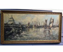 Geoffrey Chatten, signed oil on board, Harbour scene with fishing boats, 56 x 118cms