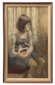 AR Dorothy Morton (1890-1983) oil on canvas, Young girl seated with a cat, 65 x 36cms