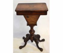 Victorian walnut and inlaid work table with lift up lid with compartmentalised interior on a