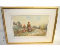 Fanny Mearns, signed watercolour, Landscape with mother and children, 27 x 44cms