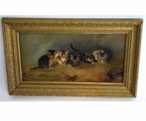 Indistinctly signed and dated 96, oil on board, Cats with butterfly, 20 x 40cms