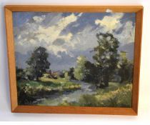 William Sid Reed, oil on board, Norfolk landscape, 25 x 29cms