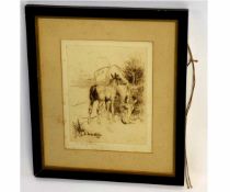 Lucy Kemp-Welch, signed in pencil to margin, black and white etching, Mare and Foal, 23 x 18cms