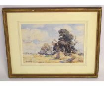 William Watt Milne, signed watercolour, Landscape with harvest field, 18 x 25cms