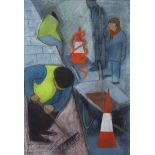 AR Dorothy Morton (1890-1983) watercolour and gouache, signed lower left, Roadworkers with traffic