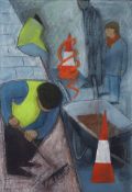 AR Dorothy Morton (1890-1983) watercolour and gouache, signed lower left, Roadworkers with traffic