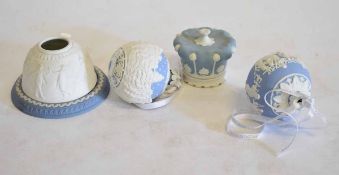 Pair of Wedgwood blue basalt decorated Christmas baubles together with a further candle stand and