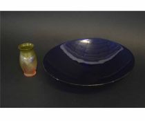 1960s Bristol blue shallow glass bowl with ribbed detail, 30cms diam together with a further