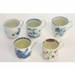18th century English porcelain coffee cups, decorated in underglaze blue, including Worcester