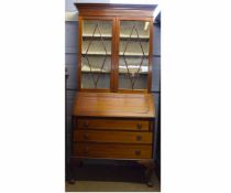 Edwardian mahogany bureau bookcase with two glazed doors, with drop front and three full width