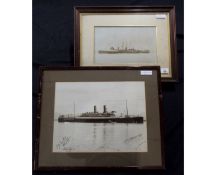 Early 20th century photograph of an ocean liner at anchor, signed in ink by the Commander and