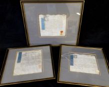 Three framed vellum documents circa 1744-1749 re apprenticeships (3)