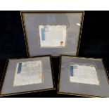 Three framed vellum documents circa 1744-1749 re apprenticeships (3)