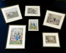 SIX ASSORTED COLOURED CARICATURE PRINTS, mainly early 19th century including 3 Gillray and one