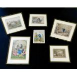 SIX ASSORTED COLOURED CARICATURE PRINTS, mainly early 19th century including 3 Gillray and one