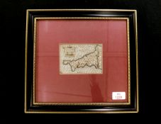 PIETER VAN DEN KEERE: CORNWALLIA, engraved hand coloured map circa 1627, approx 80 x 120mm, framed
