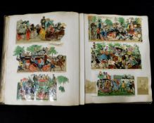 Late 19th century scrap album, containing chromolitho and coloured scraps including politicians,
