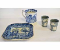 Mid-19th century Staffordshire cider mug with blue printed design of houses and mountains,