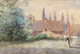 Thomas Mackay, watercolour, signed and dated 1886 lower left, Lady before a cottage, 15 x 22cms