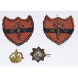 Mixed Lot: Royal Indian Army Service Corps badge together with two bullion worked cloth badges and a