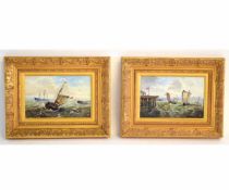 John Mace, monogrammed pair of oils on board, Busy shipping scenes, 13 x 21cms
