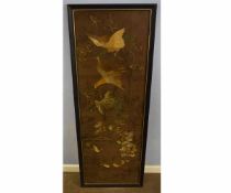 Late 19th century/early 20th century Oriental silk work panel depicting birds in flight and on the