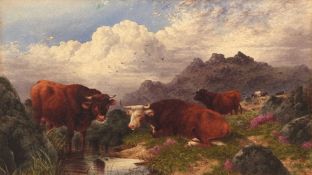 Charles Edward Brittan, watercolour, signed and dated 1877 lower right, Cattle in a mountain
