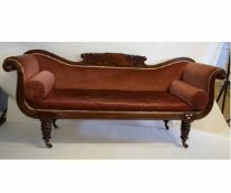 Victorian mahogany scroll arm sofa with pink upholstery, 202cms wide