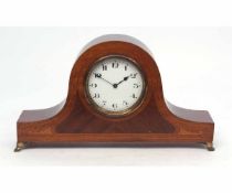 Mid-20th century mahogany and boxwood line inlaid mantel timepiece, the arched case raised on