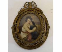 Indistinctly signed 20th century oil miniature, portrait of an embracing mother and child, 9cms x