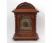 Early 20th century mahogany and walnut cased German triple barrel mantel clock, the case with