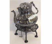 Victorian silver plated spirit kettle on stand with a pierced gallery base and hinged lid with