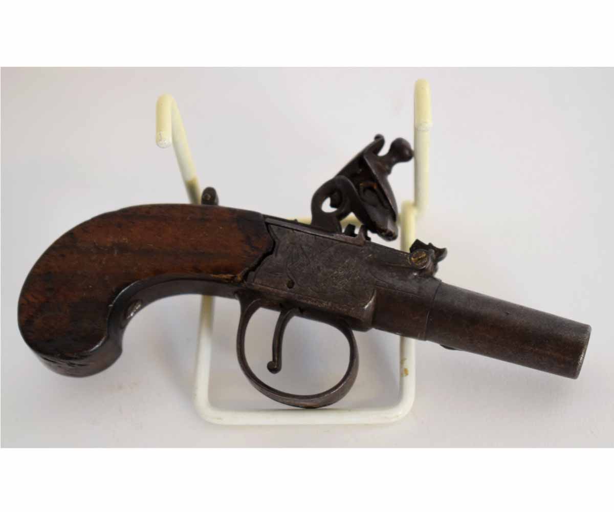 Early 19th century flintlock pocket pistol with 3.3cms turn-off steel barrel with stamped proof