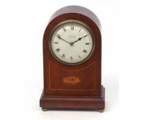 Early 20th century mahogany and boxwood line inlaid mantel timepiece, retailed by Aldred & Son -