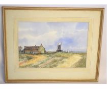 Keith Johnson, signed watercolour, Norfolk Broadland landscape with boats and cottages by a Mill, 35
