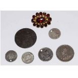 Mixed Lot: various silver coinage together with a paste set brooch and an Earl Howe & The Glorious