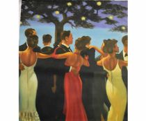 20th century Far Eastern School, oil on canvas, Figures dancing beneath trees at night, 77 x