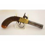 Mid-19th century percussion pocket pistol with plain cylindrical steel barrel and engraved brass