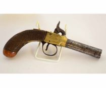 Mid-19th century percussion pocket pistol with plain cylindrical steel barrel and engraved brass