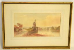 19th century English School, watercolour, Figures on a riverside path nearing an old mill and