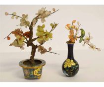 20th century cloisonne based and jadeite type mounted miniature tree decoration, 19cms tall and a