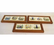 Collection of three wooden framed pottery polychrome tiles, all with figures in pastoral settings,