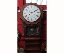 Late 19th century walnut and marquetry inlaid drop dial clock, the scalloped surround over hinged