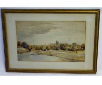 James G Brown, signed and dated 1919, watercolour, Landscape with distant church and castle, 27 x