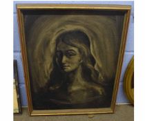 Tobroen Finn, signed and dated 1964, monotone oil on board, Head and shoulders portrait of a lady,