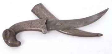 Mughal rams-head dagger, the steel hilt and scabbard with all over inlaid silver floral and