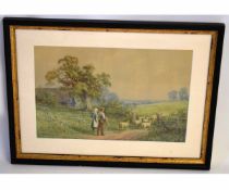 Horace Leslie, signed watercolour, Shepherd and Shepherdess with sheep in a summer landscape, 29 x