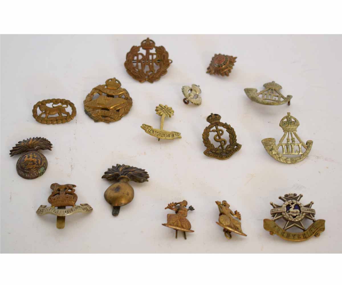 Mixed Lot: assorted cap and collar badges including Royal Army Medical Corps, Norfolk Regiment, Tank
