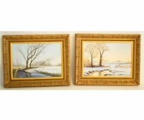 P J van Breda, signed and dated '87, pair of oils, Winter river landscapes, 25 x 33cms (2)