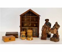 Collection of wooden figures and small treen boxes, the figures decorated in a Black Forest fashion,